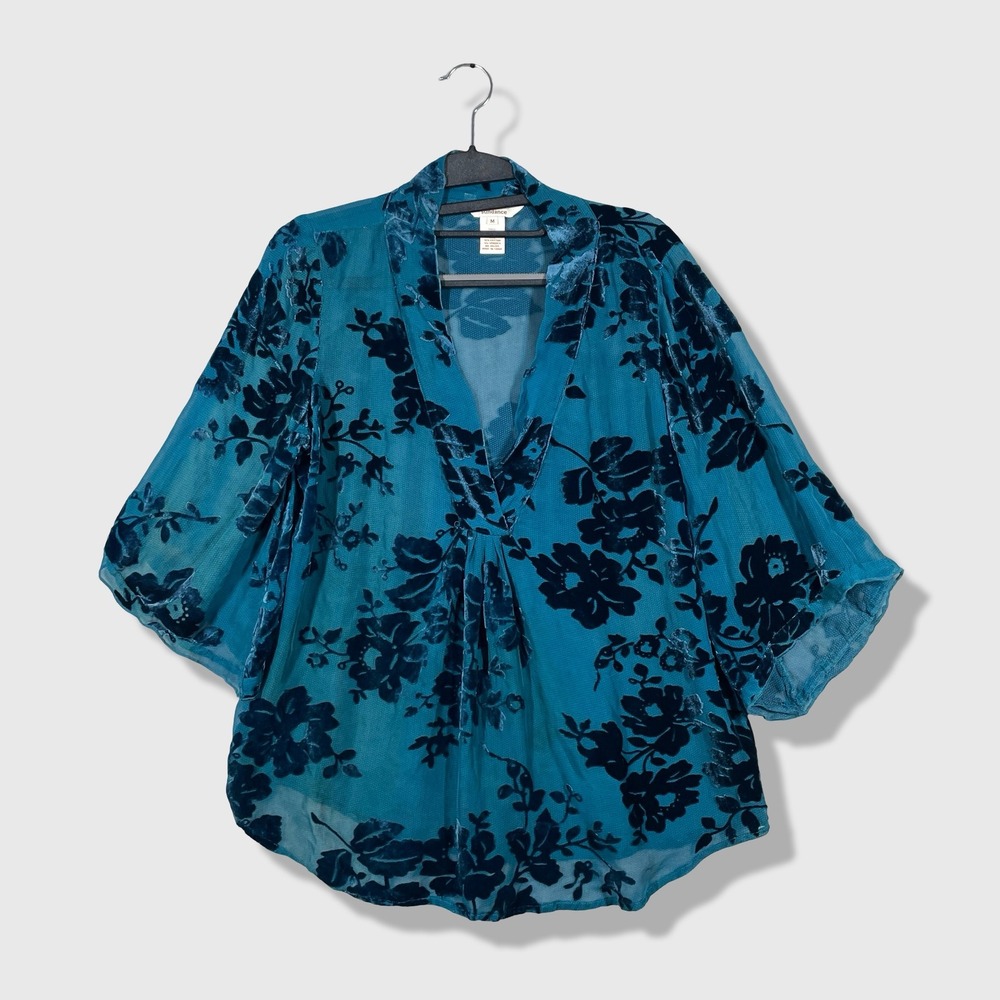 Sundance Velvet Burnout Blouse Womens Medium Blue Floral Boho Kimono Top